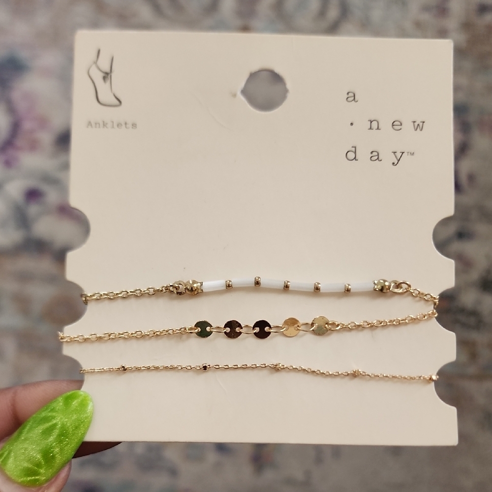 A Wew Day Gold-Tone White Beaded Layered Ankle Bracelet Set NWT